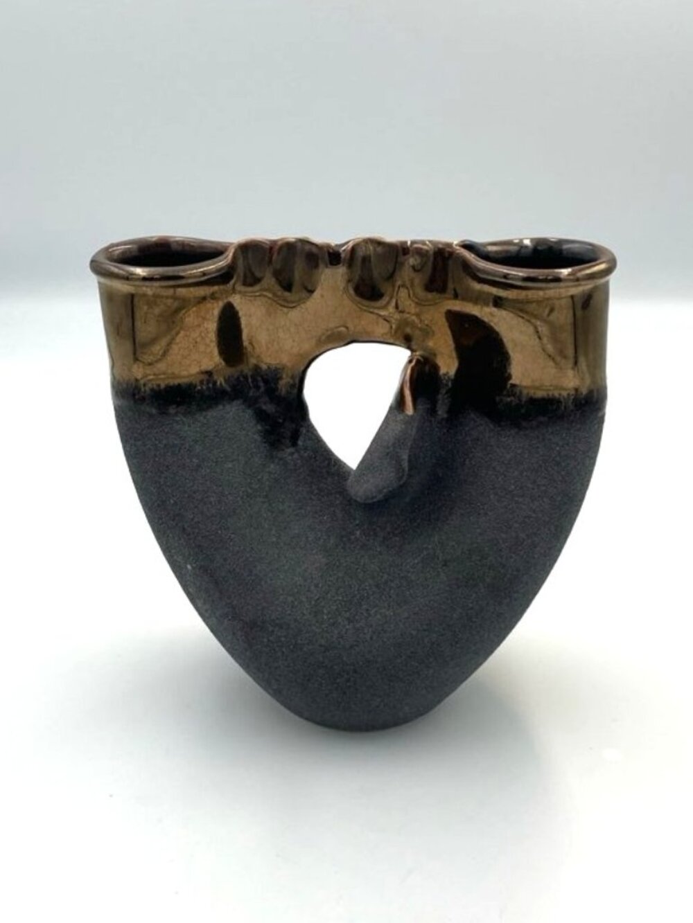 Vtg Raku Ceramic Pottery Vase Textured Matte Black Base & Metallic Glazed Rim